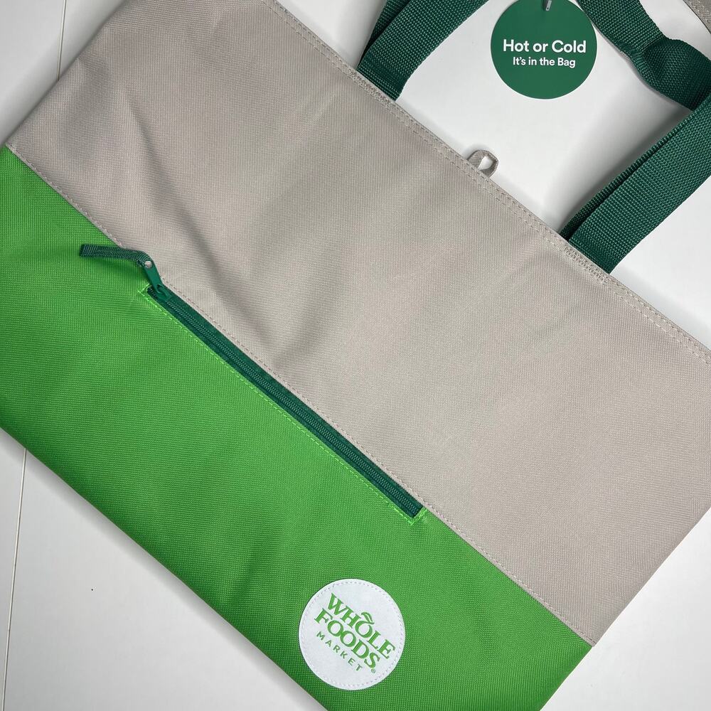 Whole Foods Large Reusable Insulated Cooler Tote Bag Green Gray w/ Logo + Pocket